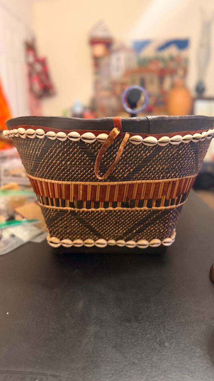 Vintage Handwoven Mossi Wedding Basket from Burkina Faso with Cowrie Shells and